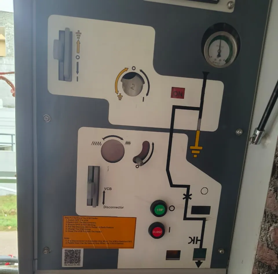 Front of a VCB panel, showing its mimic diagram, gas pressure gauge and trip and close buttons